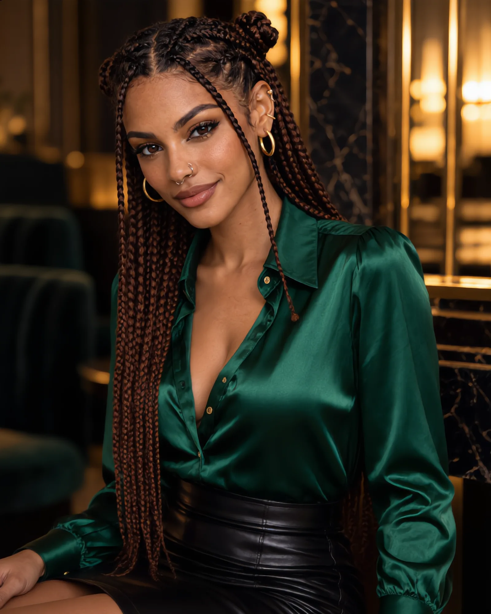 Aaliyah Zegna sentada en un bar con una blusa verde, sonriendo a cámara.