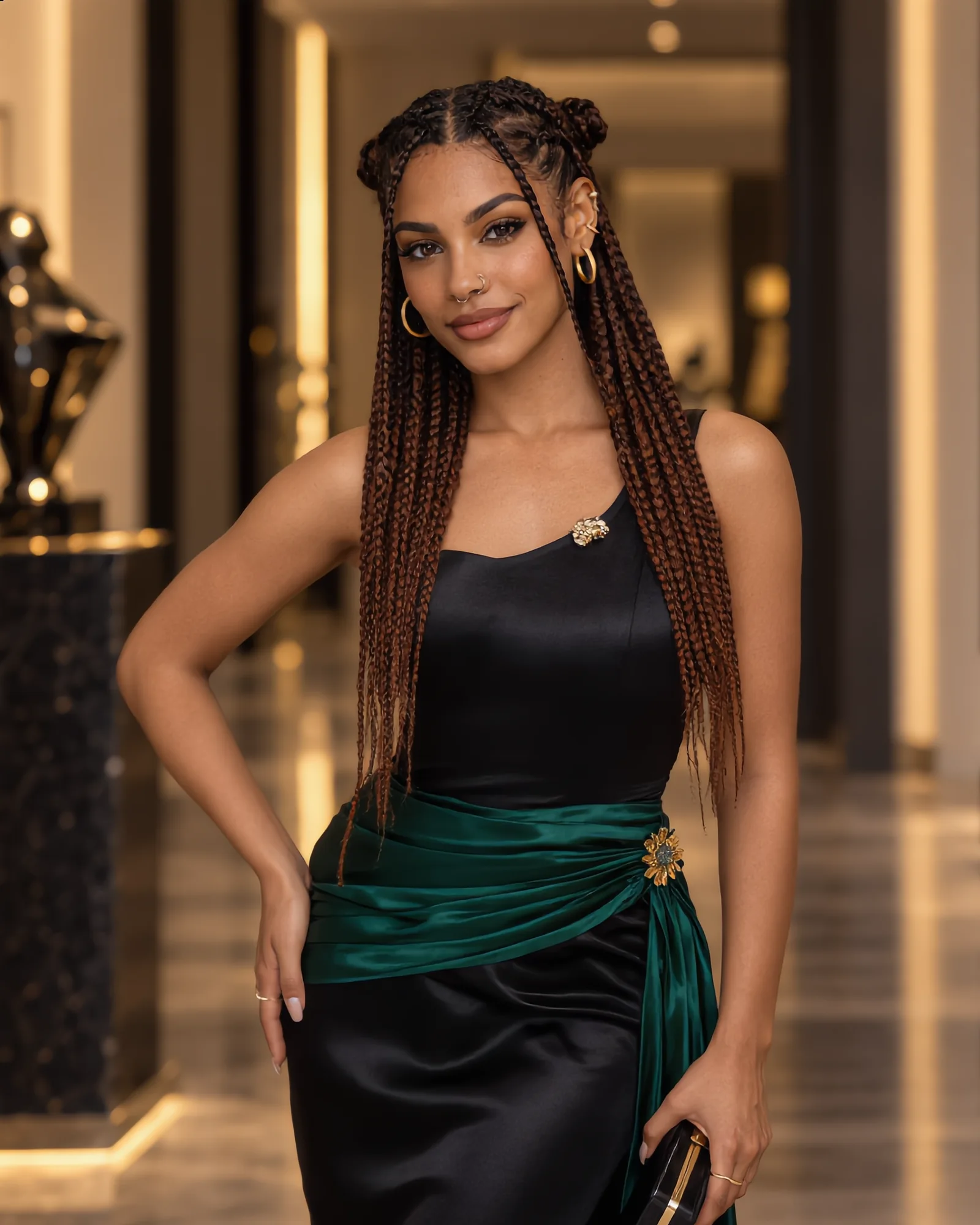 Aaliyah Zegna de pie en un vestíbulo, con vestido negro y fajín verde.