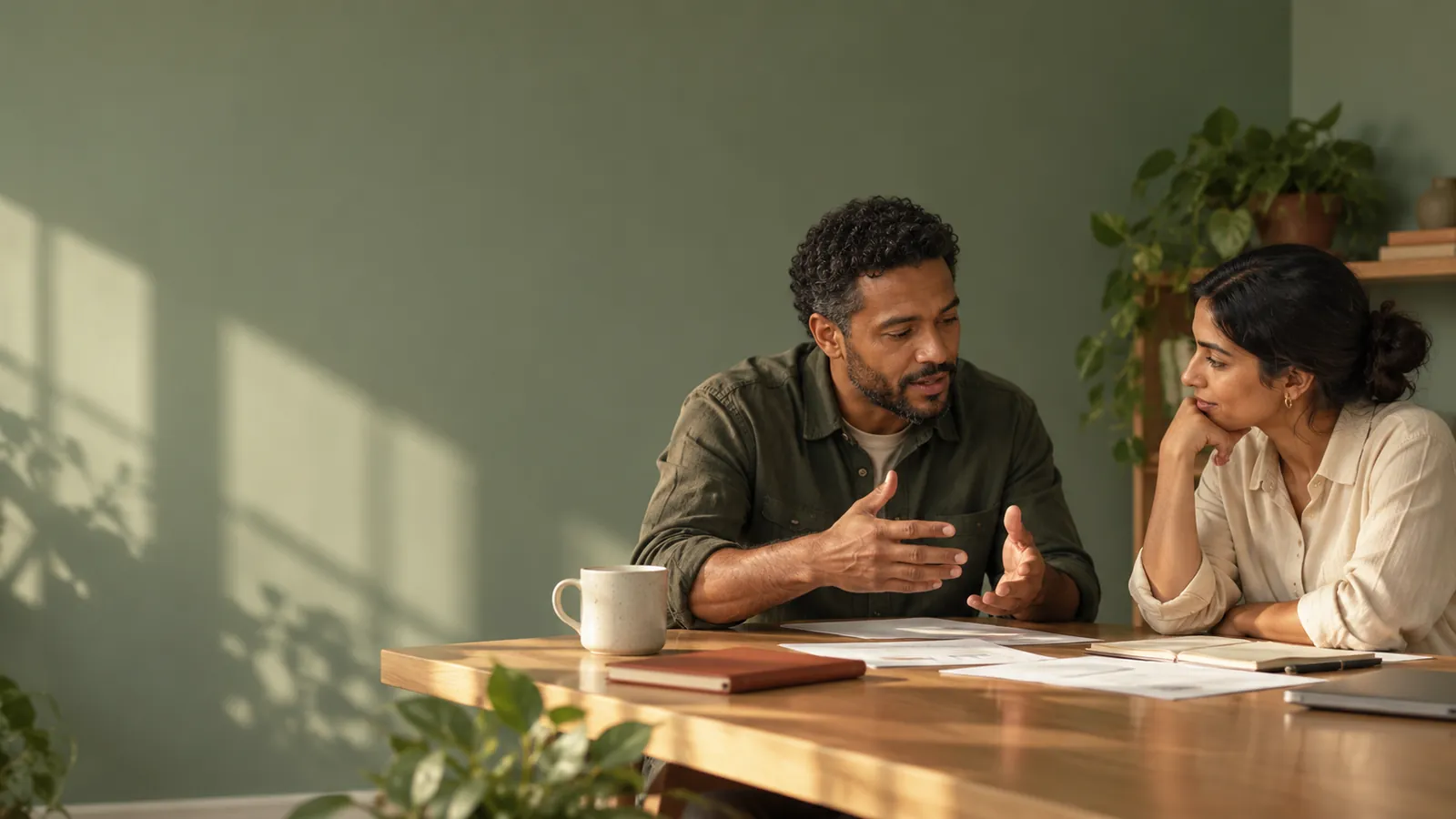 Dos personas conversan sobre unos papeles en una mesa, frente a una pared verde.
